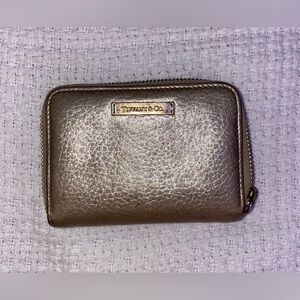 Tiffany & Co. Leather Zip Around Small Gold Wallet w blue interior *well worn*